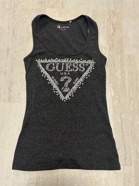 Vintage Y2K GUESS Charcoal Rhinestone Triangle Logo Tank Top